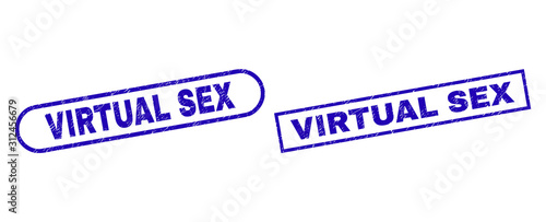 Blue rectangle and rounded VIRTUAL SEX watermark. Flat vector grunge seals with VIRTUAL SEX title inside rectangle frame and rounded rectangle frames. Watermark with grunge surface,