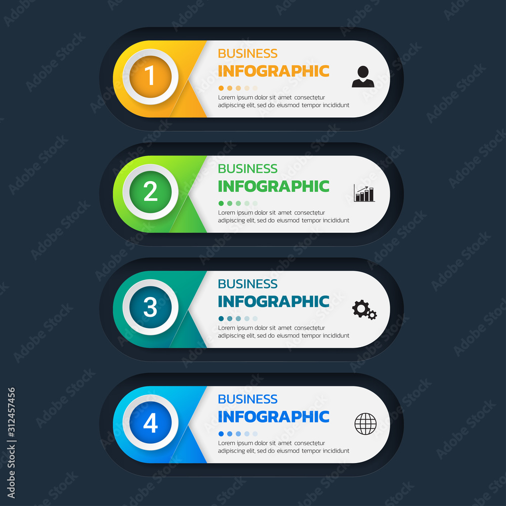 Infographics template 4 options with horizontal banner, can be used for workflow layout, diagram, website, corporate report, advertising, marketing. vector illustration. Infographics template 4 options with horizontal banner, can be used for workflow layout, diagram, website, corporate report, advertising, marketing. vector illustration.