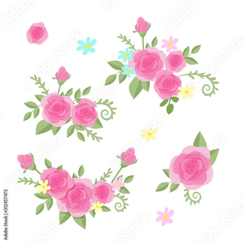 Fototapeta Naklejka Na Ścianę i Meble -  Cute cartoon set of roses flowers. Vector illustration