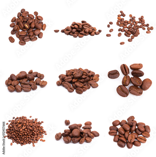 collage of Coffee beans isolated on a white background area for copy space.