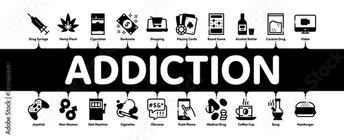 Addiction Bad Habits Minimal Infographic Web Banner Vector. Alcohol And Drug, Shopping And Gambling, Hemp, Smoking And Junk Food Addiction Illustrations