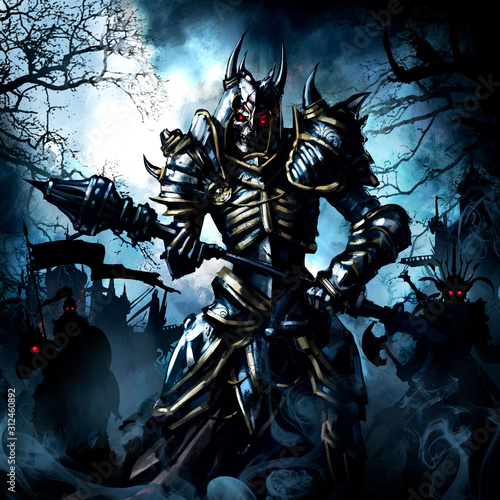 Dekoracja na wymiar  a-terrible-undead-led-by-a-skeleton-in-plate-armor-with-a-mace-in-his-hands-with-red-glowing-eyes-and-the-same-warriors-behind-him-against-the-gray-gloomy-sky-and-the-ruins-of-the-castle