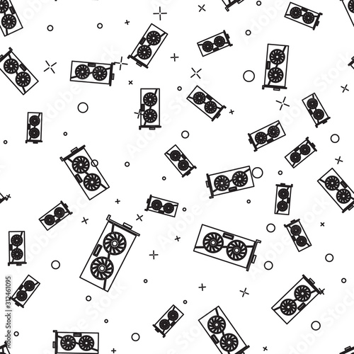 Black line Video graphic card icon isolated seamless pattern on white background. Vector Illustration