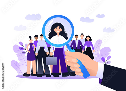 Recruitment Best Candidate Concept Landing Page. HR Searching for New Candidate. Hand Hold Magnifier Select Individual Person from Group of People Website or Web Page. Flat Cartoon