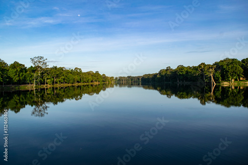 Reflection of trees in water lake Cambodia