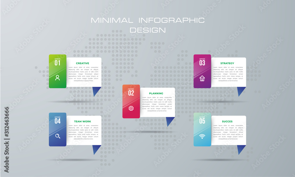 Infographic template with 5 options; workflow; process chart; Timeline infographics design vector can be used for workflow layout; diagram; annual report; web design; steps or processes. - Vector..