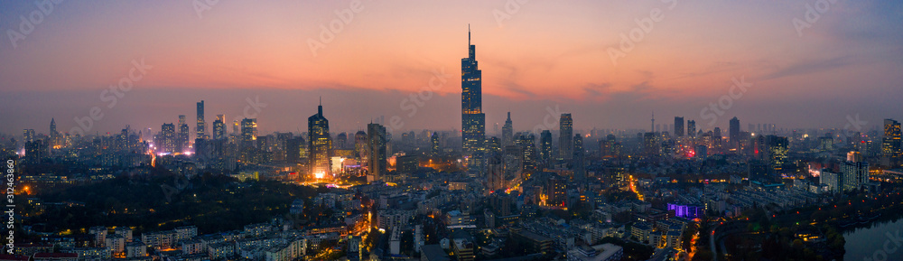 Aerial View of Urban Nanjing City at Sunset in China