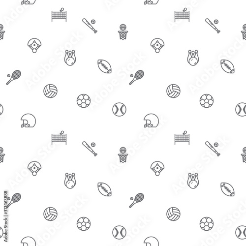 Seamless pattern with sport and ball icon on white background. Included the icons as baseball, volleyball, bowling, Rugby, helmet And Other Elements.
