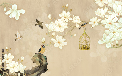 Fototapeta Naklejka Na Ścianę i Meble -  3d illustration, beige background, white magnolia flowers on a branch, birds