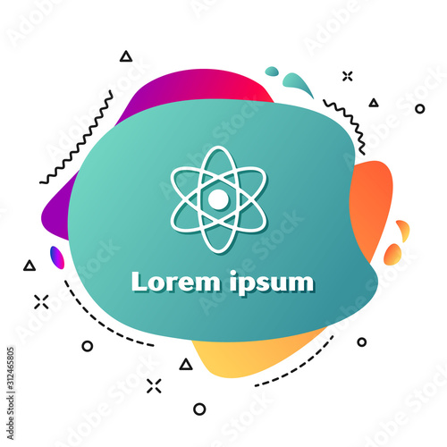 White Atom icon isolated on white background. Symbol of science, education, nuclear physics, scientific research. Abstract banner with liquid shapes. Vector Illustration