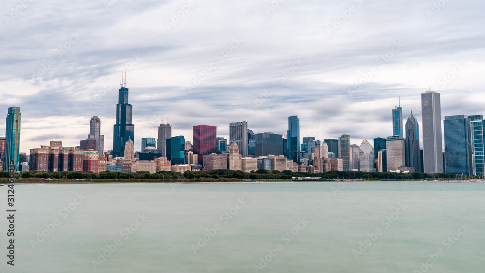 Panoramic view of Chicago skyline near Adler Planearium during sunset , Chicago , Illinois , United States of America Panoramic view of Chicago skyline near Adler Planearium during sunset , Chicago , Illinois , United States of America
