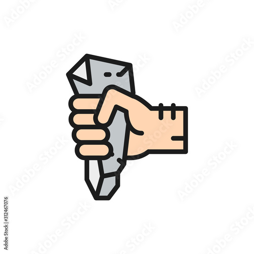 Hand with prehistoric stone, ancient rock knife flat color line icon.