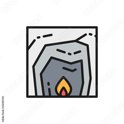 Cave life, fire, hearth, prehistoric home flat color line icon.