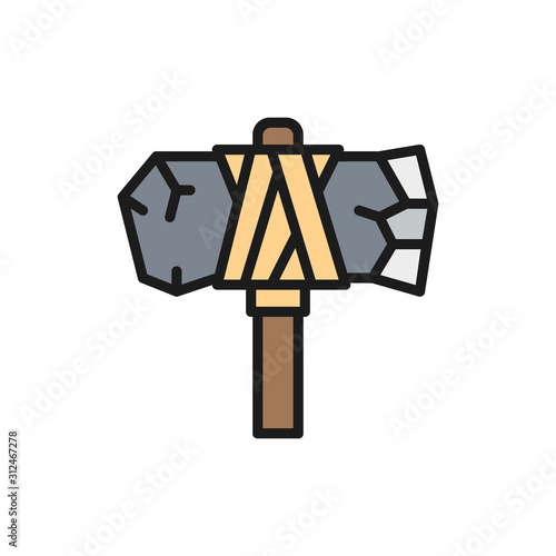 Vector primitive axe, prehistoric ax flat color line icon.