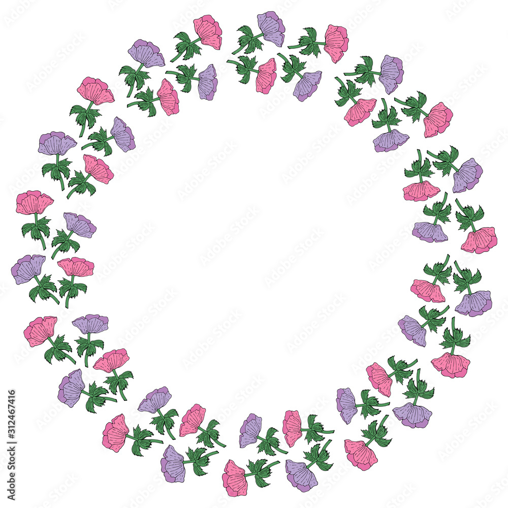 Round frame made of violet and pink anemones. Romantic wreath on white background for your design Round frame made of violet and pink anemones. Romantic wreath on white background for your design