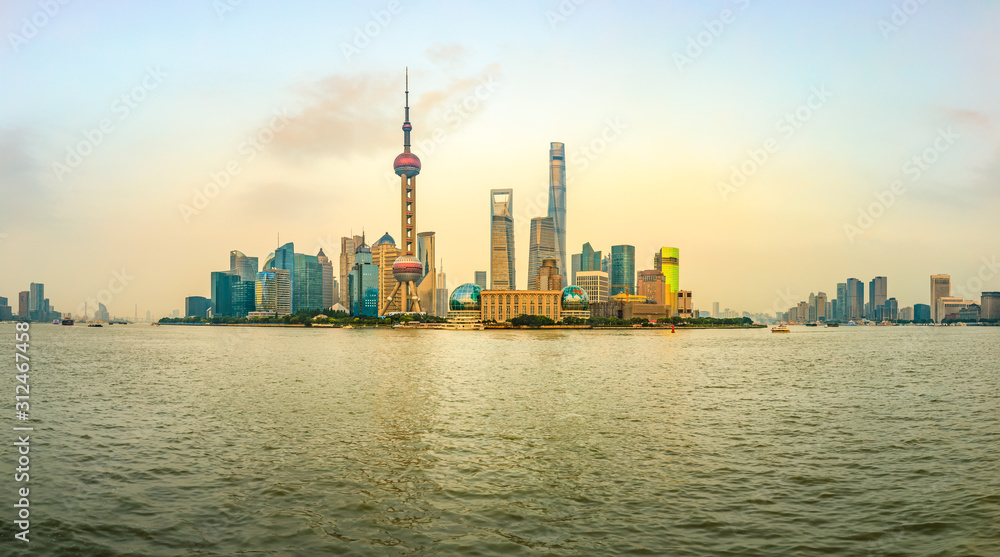 Sunset beautiful city skyline and river panorama in Shanghai