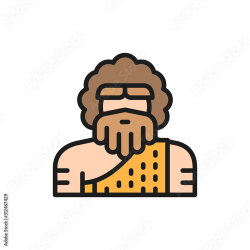 Primitive man, homo sapiens, Neanderthal, Pithecanthropus flat color line icon.