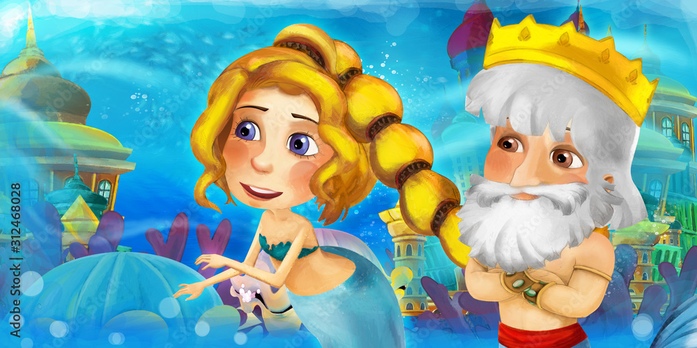 Fototapeta premium Cartoon ocean and the mermaid princess in underwater kingdom swimming and having fun - illustration for children