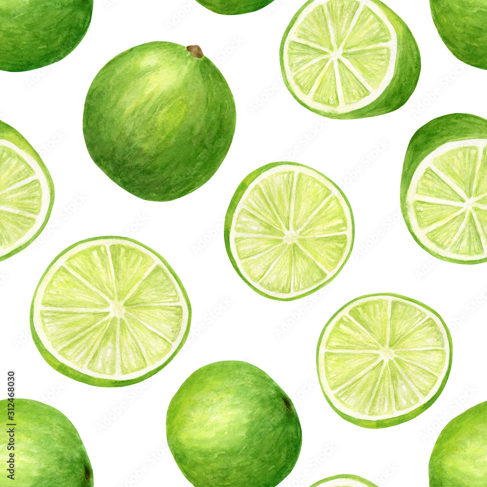 Watercolor lime seamless pattern. Hand drawn botanical illustration of citrus slices and fruit split isolated on white background.