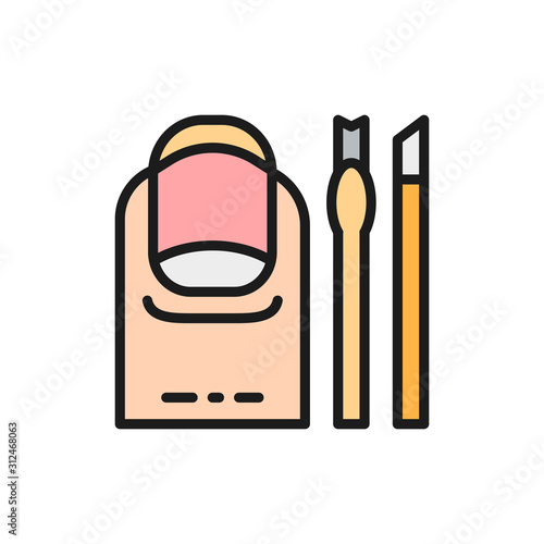Manicure tools for removing cuticle, nail salon service flat color line icon.