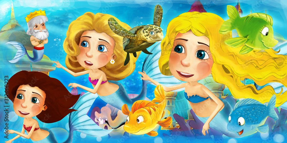 Cartoon ocean and the mermaid in underwater kingdom swimming with fishes and having fun - illustration for children Cartoon ocean and the mermaid in underwater kingdom swimming with fishes and having fun - illustration for children