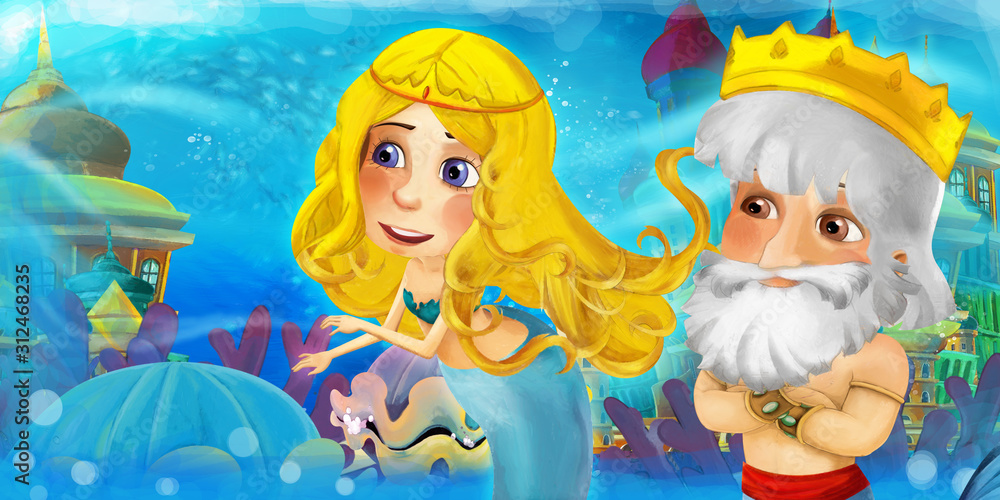 Cartoon ocean and the mermaid princess in underwater kingdom swimming and having fun - illustration for children Cartoon ocean and the mermaid princess in underwater kingdom swimming and having fun - illustration for children
