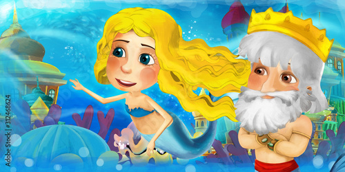 Cartoon ocean and the mermaid princess in underwater kingdom swimming and having fun - illustration for children