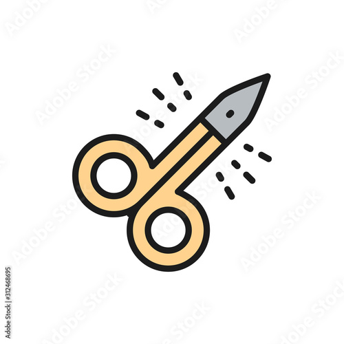 Precision cuticle and nail manicure scissors flat color line icon.