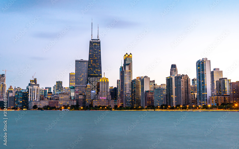 Panoramic view of Chicago waterfront during sunset times from North avenue beach in Chicago , Illinois , United States of America Panoramic view of Chicago waterfront during sunset times from North avenue beach in Chicago , Illinois , United States of America