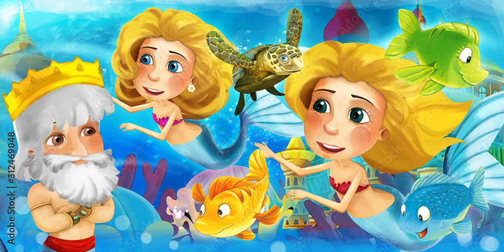 Fototapeta premium Cartoon ocean and the mermaid in underwater kingdom swimming with fishes and having fun - illustration for children