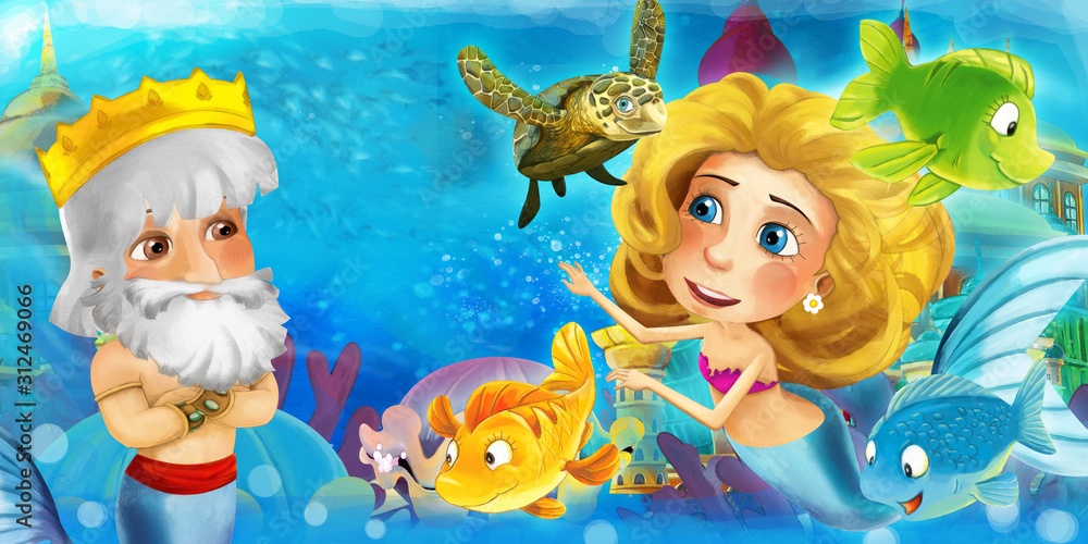 Cartoon ocean and the mermaid in underwater kingdom swimming with fishes and having fun - illustration for children Cartoon ocean and the mermaid in underwater kingdom swimming with fishes and having fun - illustration for children