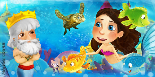 Cartoon ocean and the mermaid in underwater kingdom swimming with fishes and having fun - illustration for children
