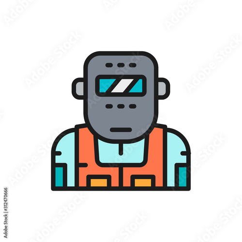 Metallurgist in a protective mask flat color line icon.