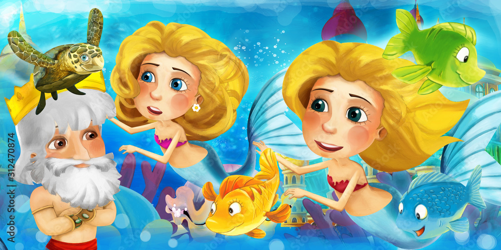 Fototapeta premium Cartoon ocean and the mermaid in underwater kingdom swimming with fishes and having fun - illustration for children