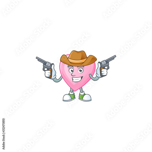 Smiling pink love mascot icon as a Cowboy holding guns