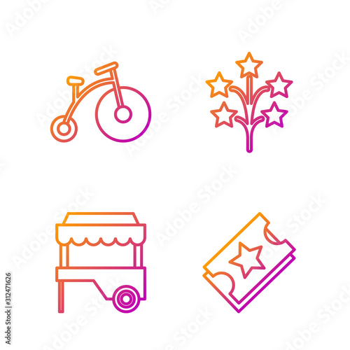 Set line Ticket, Fast street food cart with awning, Vintage bicycle with one big wheel and one small and Fireworks. Gradient color icons. Vector photo