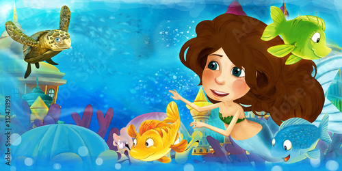 Cartoon ocean and the mermaid in underwater kingdom swimming with fishes and having fun - illustration for children