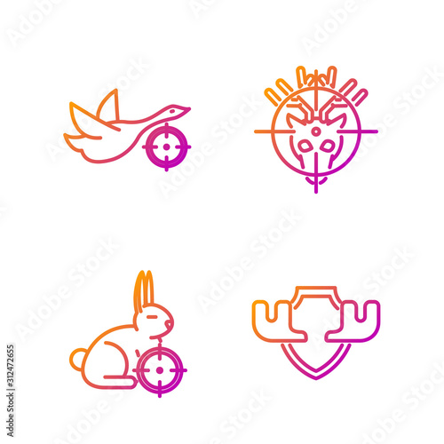 Set line Moose horns on shield, Hunt on rabbit with crosshairs, Hunt on duck with crosshairs and Hunt on deer with crosshairs. Gradient color icons. Vector