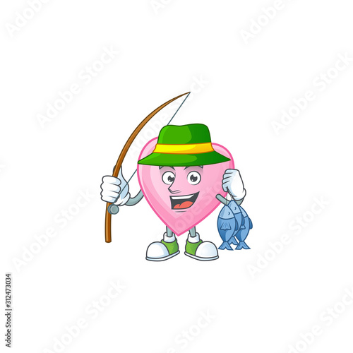 Cheerful face Fishing pink love mascot design