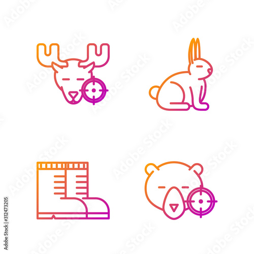 Set line Hunt on bear with crosshairs, Hunter boots, Hunt on moose with crosshairs and Rabbit. Gradient color icons. Vector