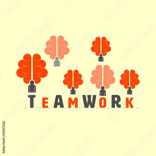 Person with brain icons. Teamwork concept. Vector illustration outline flat design style.