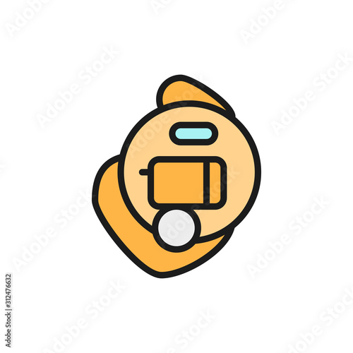 Intra ear hearing aid flat color line icon. Isolated on white background