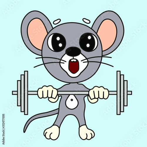 Emoticon with a cool mouse weightlifter that stands and raises the barbell, color vector clip art on isolated background