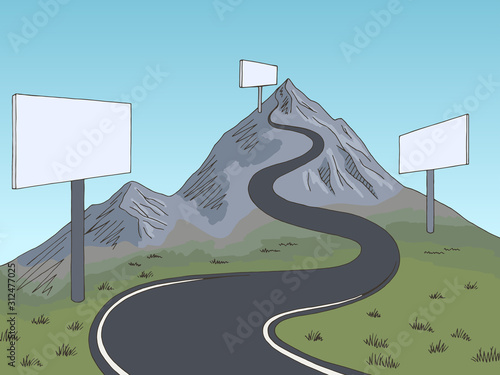 Mountain road billboard graphic color landscape sketch illustration vector