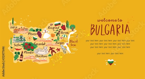The template for a landing to travel to Bulgaria. Stylized decorative map with symbols, architecture, sights for the banner on the website for tourists. Hand darwn cartoon flat vector illustration.