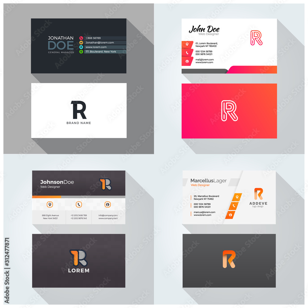 R letter logo professional corporate Visiting card, Modern Multipurpose design template. Set of 4 Business cards