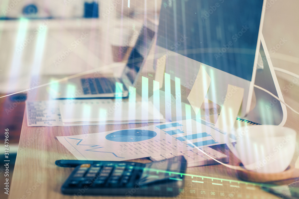 Double exposure of forex chart and work space with computer. Concept of international online trading. Double exposure of forex chart and work space with computer. Concept of international online trading.