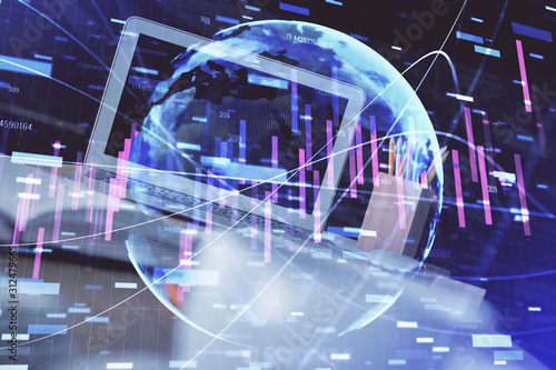 Financial graph colorful drawing and table with computer on background. Double exposure. Concept of international markets.