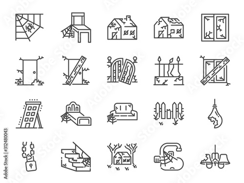 Abandoned house line icon set. Included icons as shabby, old, broken, damaged, scary, dilapidated and more.
