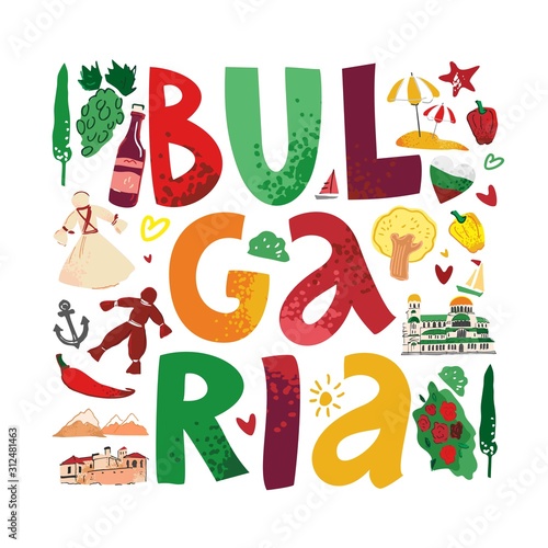 Decorative word Bulgaria is inscribed in a square with symbols, architecture of the country on a white background. Banner for promo, print on fabric. Logo for tourist guides. Flat vector illustration.